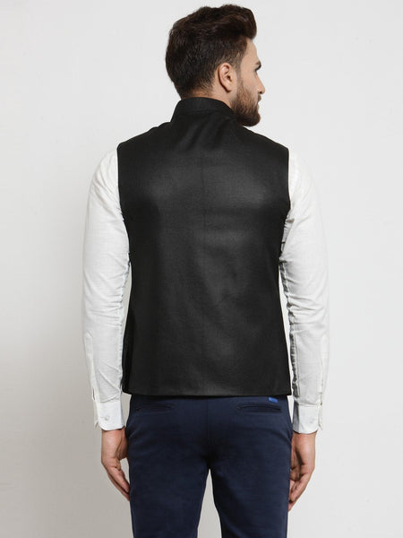 Men Black Solid Nehru Jacket By Luxury at Less