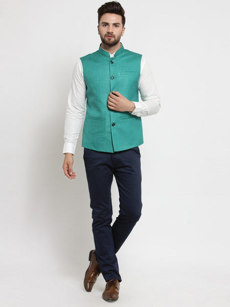 Men Green Solid Nehru Jacket By Luxury at Less