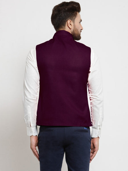Men Purple Solid Nehru Jacket By Luxury at Less