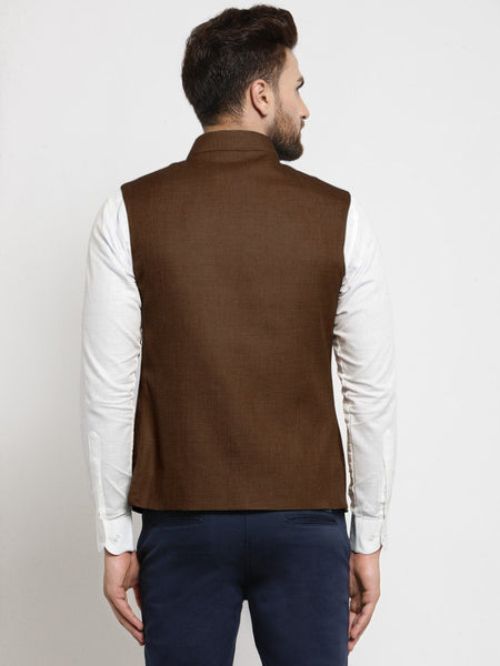 Men Caramel Solid Nehru Jacket By Luxury at Less