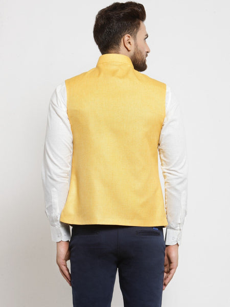 Men Yellow Solid Nehru Jacket By Luxury at Less