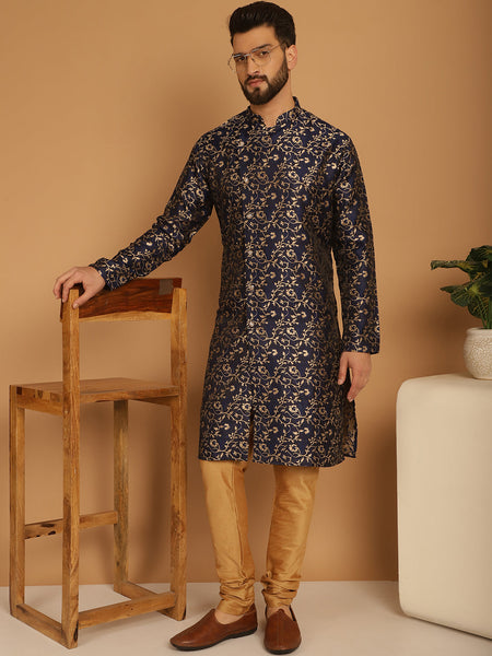 Designer Blue Golden Brocade Silk Sherwani Set by Luxury at Less