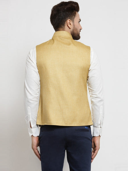 Men Mustard Yellow Solid Nehru Jacket By Luxury at Less