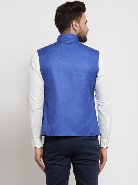 Men Blue Solid Nehru Jacket By Luxury at Less