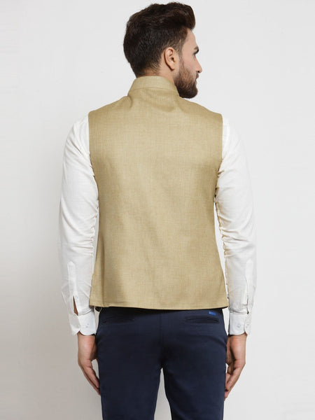 Men Beige Solid Nehru Jacket By Luxury at Less