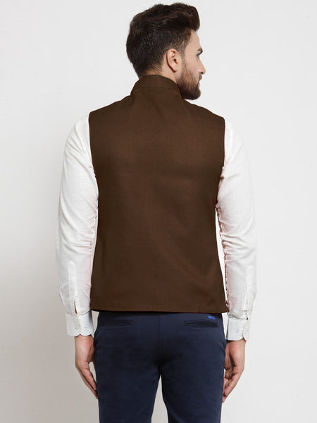 Men Chocolate Brown Solid Nehru Jacket By Luxury at Less