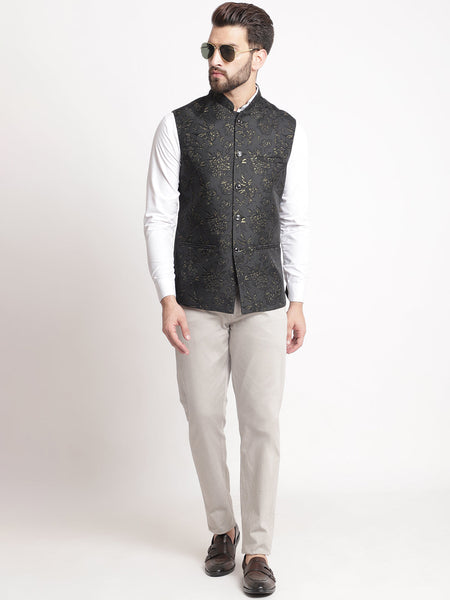 Black Jacquard  Brocade Silk Nehru Jacket By Luxury at Less