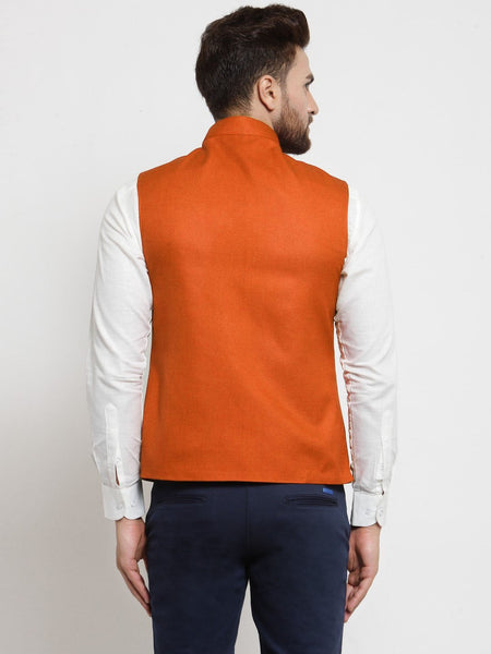 Men Orange Solid Nehru Jacket By Luxury at Less