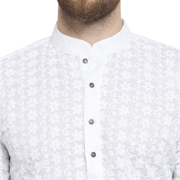 White Cotton Chikankari Lucknowi Jaal Embroidered Kurta By Luxury at Less