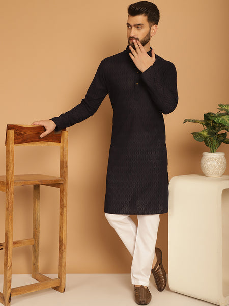 Designer Black Chikankari Embroidered Kurta Pajama Set by Luxury at Less