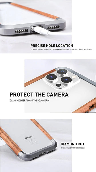 Real Wooden+Metal Frame Armor Case for iPhone 12 & 13 Series