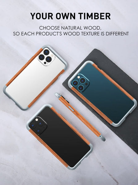 Real Wooden+Metal Frame Armor Case for iPhone 12 & 13 Series