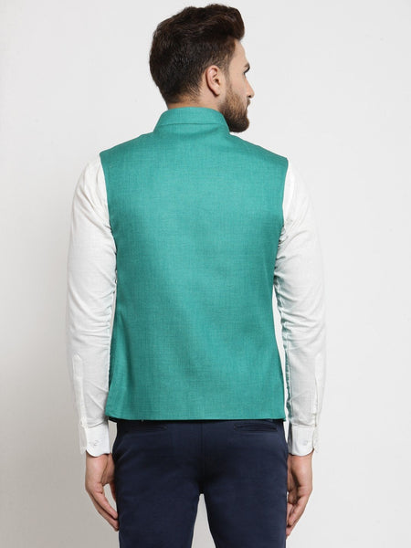 Men Green Solid Nehru Jacket By Luxury at Less