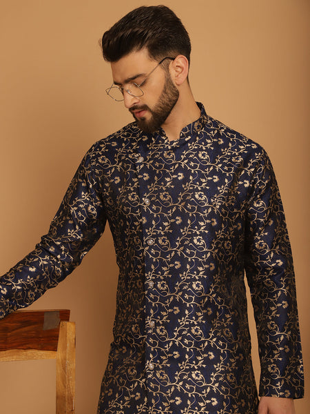 Designer Blue Golden Brocade Silk Sherwani Set by Luxury at Less