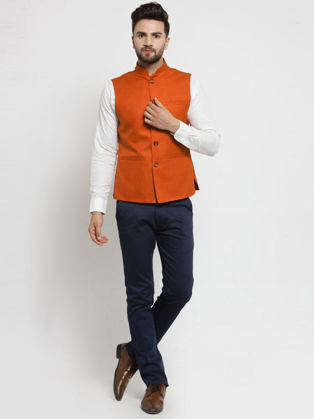 Men Orange Solid Nehru Jacket By Luxury at Less