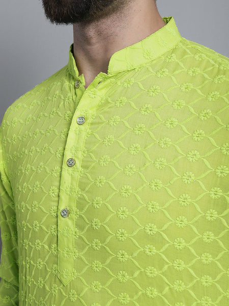 Lime Green Chikankari Embroidery Cotton Kurta Pajama Set by Luxury at Less