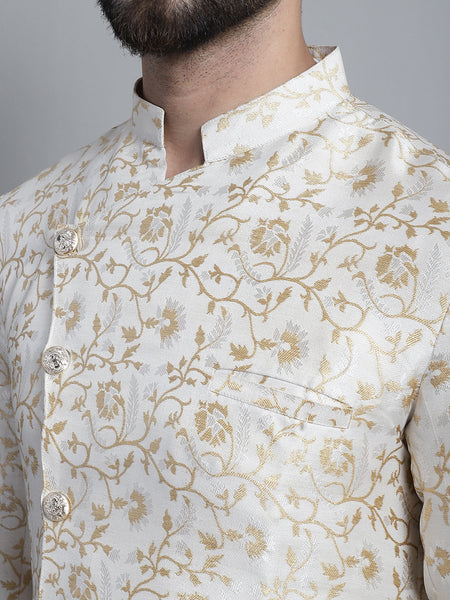 Designer White Golden Brocade Silk Sherwani Set by Luxury at Less