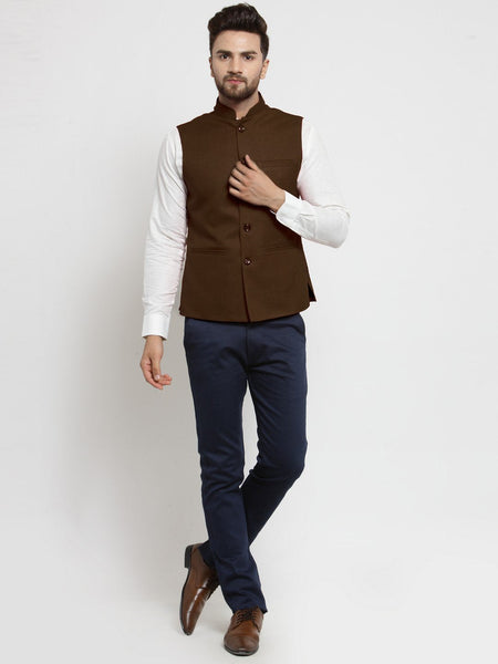 Men Chocolate Brown Solid Nehru Jacket By Luxury at Less