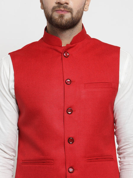 Men Red Solid Nehru Jacket By Luxury at Less