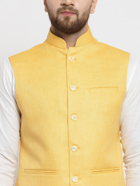 Men Yellow Solid Nehru Jacket By Luxury at Less