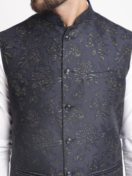 Blue Jacquard  Brocade Silk Nehru Jacket By Luxury at Less