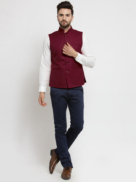 Men Maroon Solid Nehru Jacket By Luxury at Less