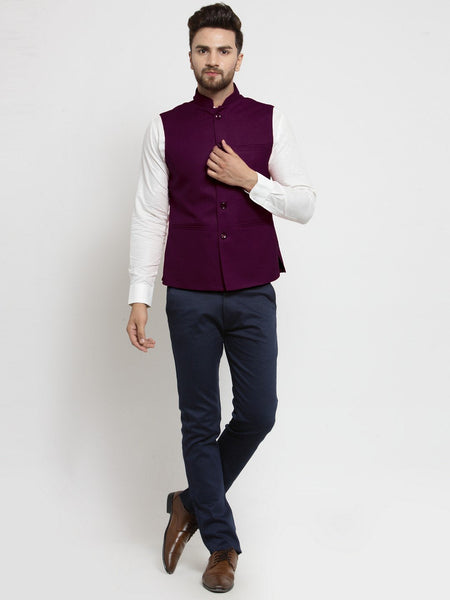 Men Purple Solid Nehru Jacket By Luxury at Less