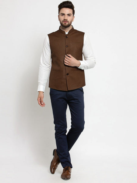 Men Caramel Solid Nehru Jacket By Luxury at Less