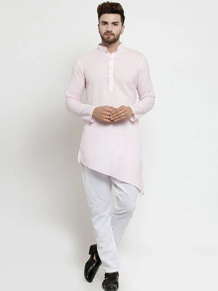 Designer Pink Linen Kurta With Aligarh Pajama For Men By Luxury at Less