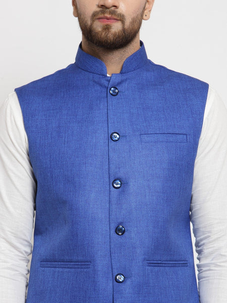 Men Blue Solid Nehru Jacket By Luxury at Less