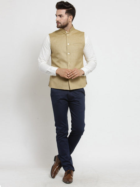 Men Beige Solid Nehru Jacket By Luxury at Less