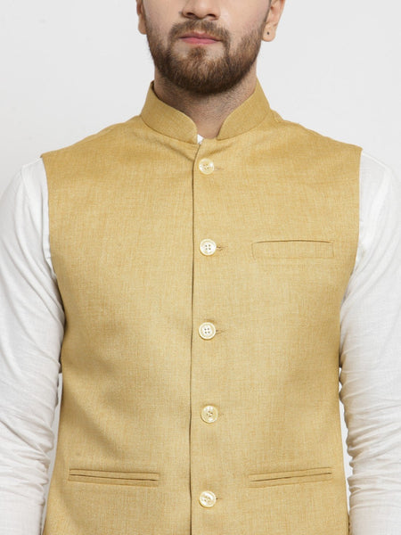 Men Mustard Yellow Solid Nehru Jacket By Luxury at Less