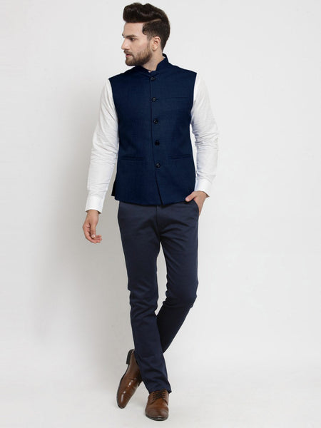 Men Dark Blue Solid Nehru Jacket By Luxury at Less