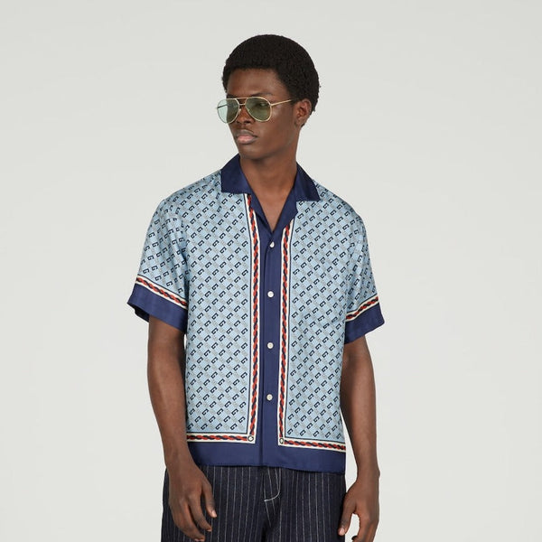 Premium Geometric Square G Print Silk Shirt