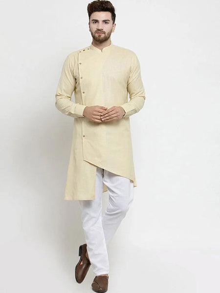 Designer Beige Linen Kurta With Aligarh Pajama For Men By Luxury at Less