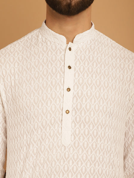 Designer White Chikankari Embroidered Kurta Pajama Set by Luxury at Less