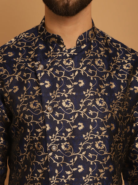 Designer Blue Golden Brocade Silk Sherwani Set by Luxury at Less