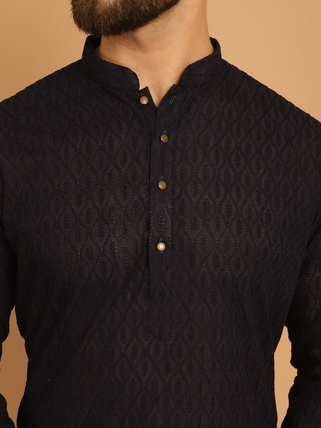 Designer Black Chikankari Embroidered Kurta Pajama Set by Luxury at Less