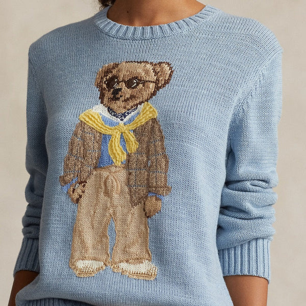 Women Light Blue Polo Bear Crewneck Sweater