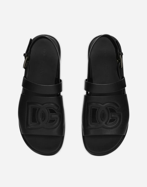Luxury Black Leather Cut-Out Logo Slingback Sandals