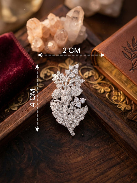 Elegant Leaf Design American Diamond Brooch Pin Brass Floral Style (4 cm x 2 cm)