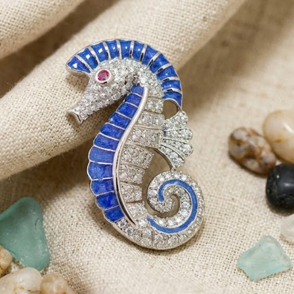 Royal Blue Seahorse Brooch Pin  Silver Plated Brass with AAA AD Stones