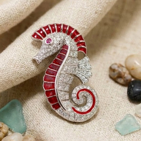 Elegant Red Seahorse Brooch Pin Silver Plated Brass with AAA AD Stones
