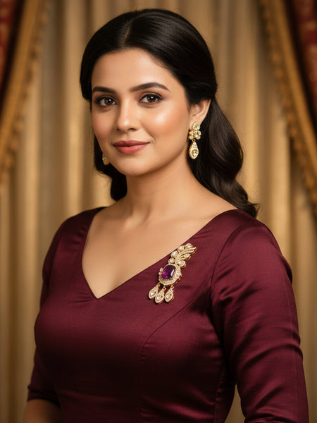 Victorina Moissanite Polki Brass Drop Pendant with Purple Doublets