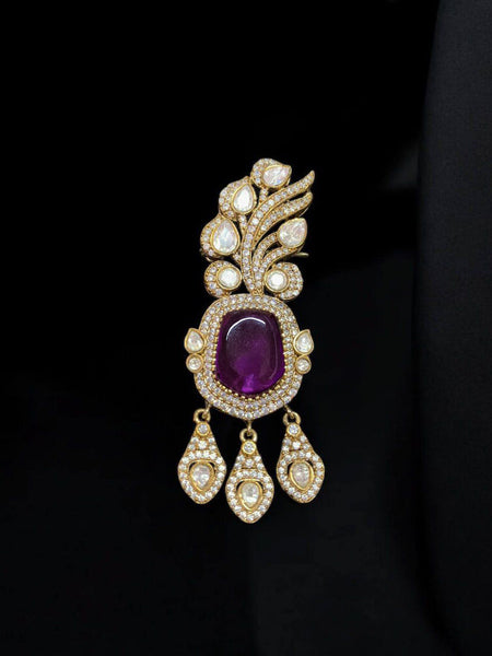 Victorina Moissanite Polki Brass Drop Pendant with Purple Doublets