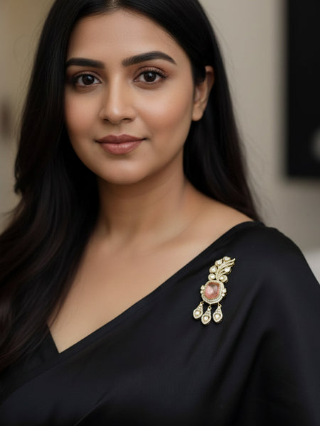 Victorina Moissanite Polki Brass Pendant with Peach Gem Doublets