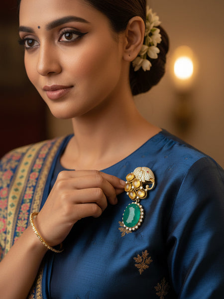 “Victorian Polish Elephant Brooch with Green Doublet and Moissanite Polki”