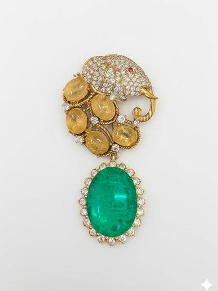 “Victorian Polish Elephant Brooch with Green Doublet and Moissanite Polki”
