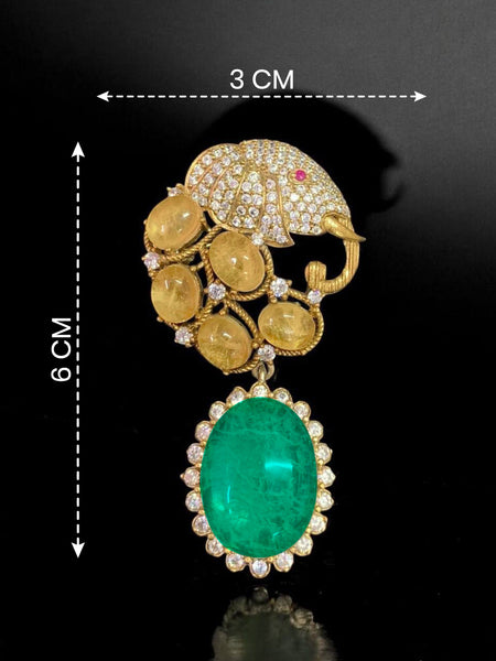 “Victorian Polish Elephant Brooch with Green Doublet and Moissanite Polki”