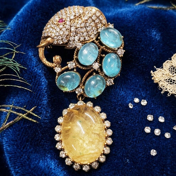 Royal Elephant Designer Brooch with Doublet Stones & Victorian Finish